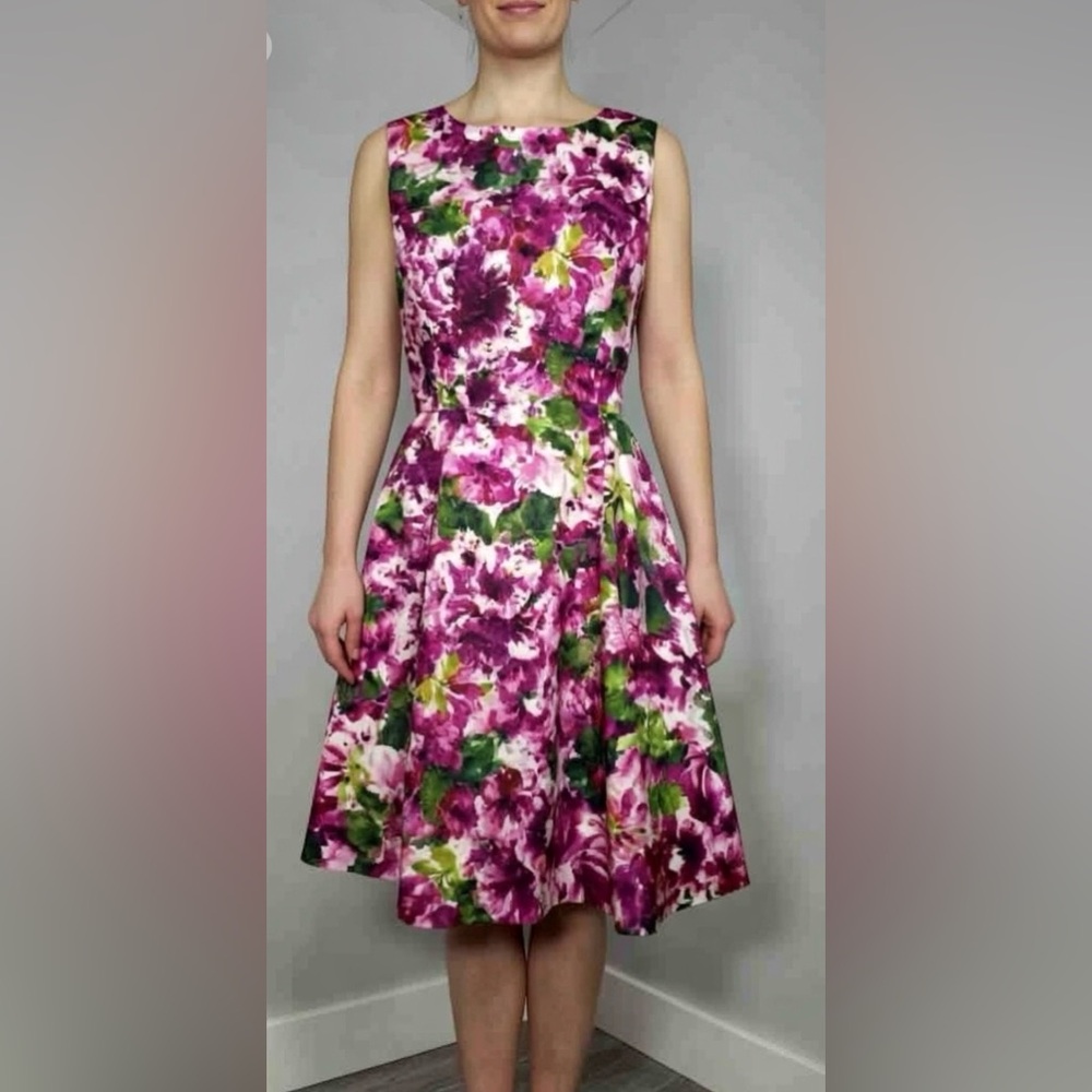 Oscar de la Renta Silk Floral Party Poplin Fit & Flare  Cocktail Midi Dress Sz 8 - Picture 16 of 16